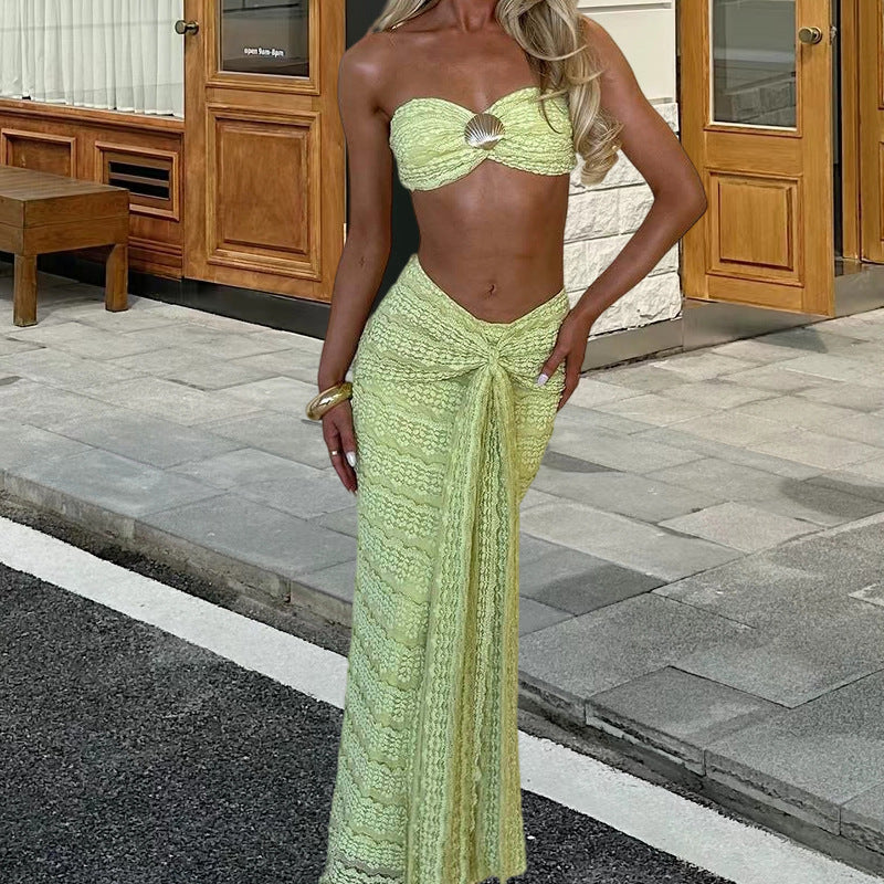Conjunto de bikini de playa de playa de comercio exterior europeo y americano, falda midi sexy de playa de color sólido, 2025