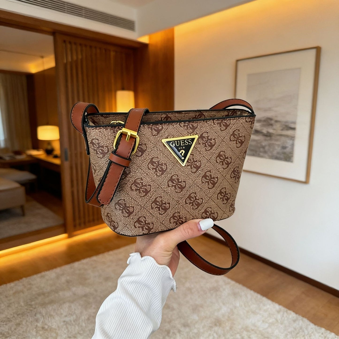 Bolsos de mujer, cartas impresas europeas y americanas transfronterizas, bolso bucket versátil de un solo hombro, diseño de nicho, bolso cruzado ligero y de lujo