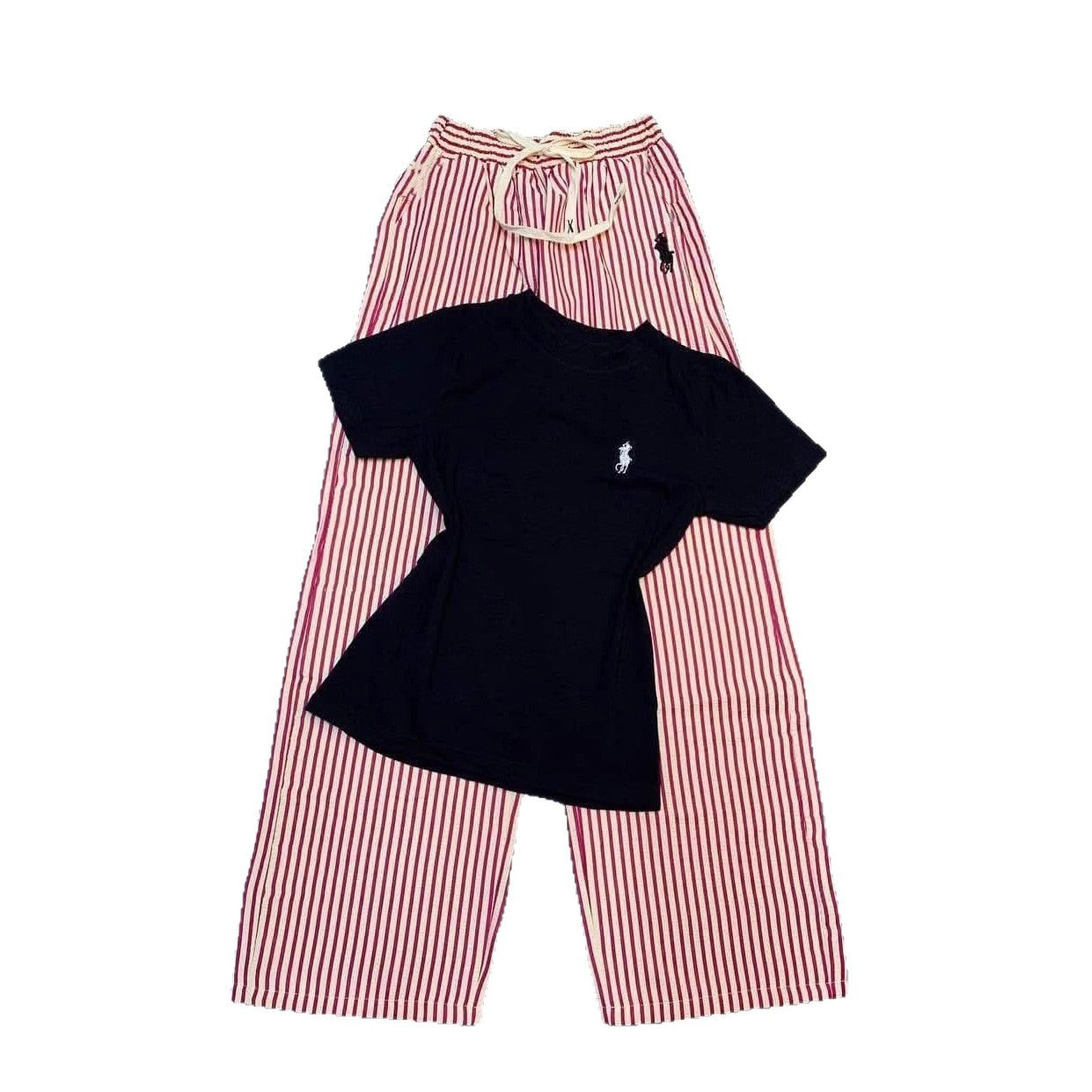 Conjunto de moda de comercio exterior, camiseta nueva de verano para mujer de manga corta bordada y suelta, pantalones anchos de rayas, conjunto informal de dos piezas, ins.