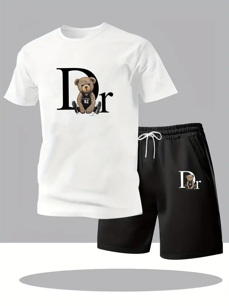 Camiseta de manga corta de moda para comercio exterior transfronterizo en verano, pantalones cortos deportivos informales, conjunto de camisetas de moda estampadas, conjunto de dos piezas en stock