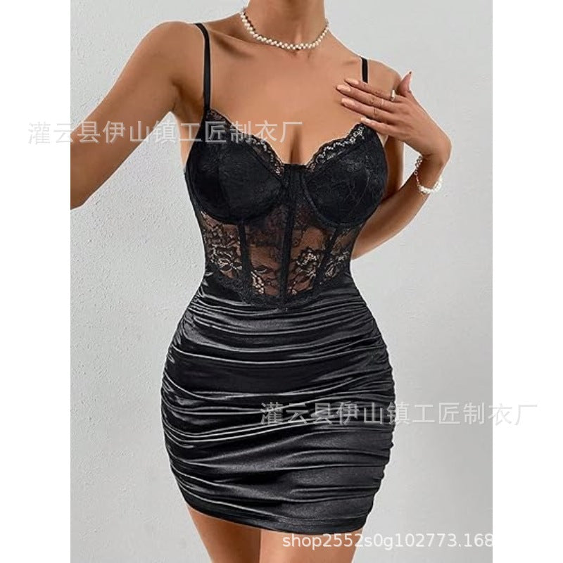 Vestido corto transfronterizo europeo y americano, sexy y sexy de otoño/invierno, de encaje, parche transparente, tirantes ajustados, con caderas
