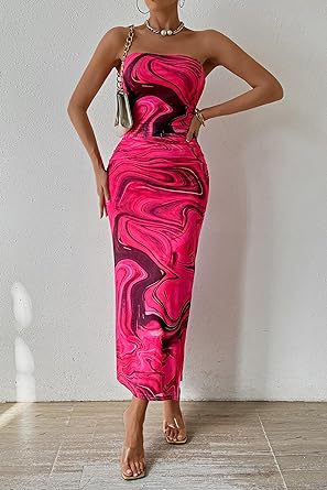 Vestido sin tirantes sin tirantes Shein de Amazon en comercio exterior exterior europeo y estadounidense 2025 con estampado sin mangas y abertura