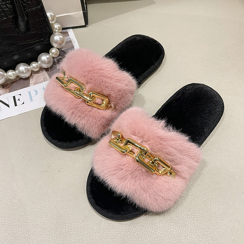 Zapatillas de piel nuevas para otoño e invierno transfronterizas, zapatillas de piel nuevas, moda femenina, cálida y gran cadena, zapatillas de tacón plano, tacón plano, comercio exterior