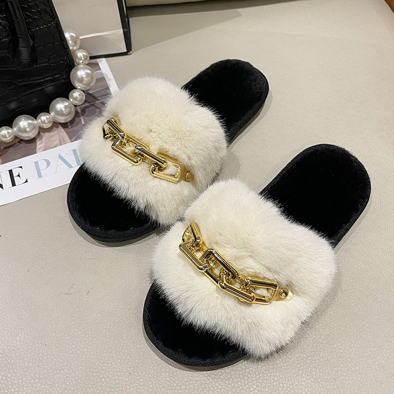 Zapatillas de piel nuevas para otoño e invierno transfronterizas, zapatillas de piel nuevas, moda femenina, cálida y gran cadena, zapatillas de tacón plano, tacón plano, comercio exterior