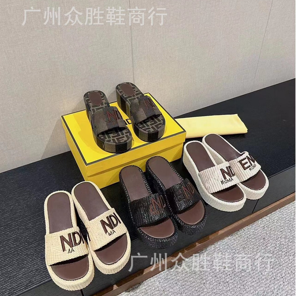 Zapatillas monogram de alta gama marca F para ropa exterior de exportación femenina, Nuevo verano 2024 Pastel Jacquard bordado Zapatillas de tacón alto con suela gruesa y tacón alto