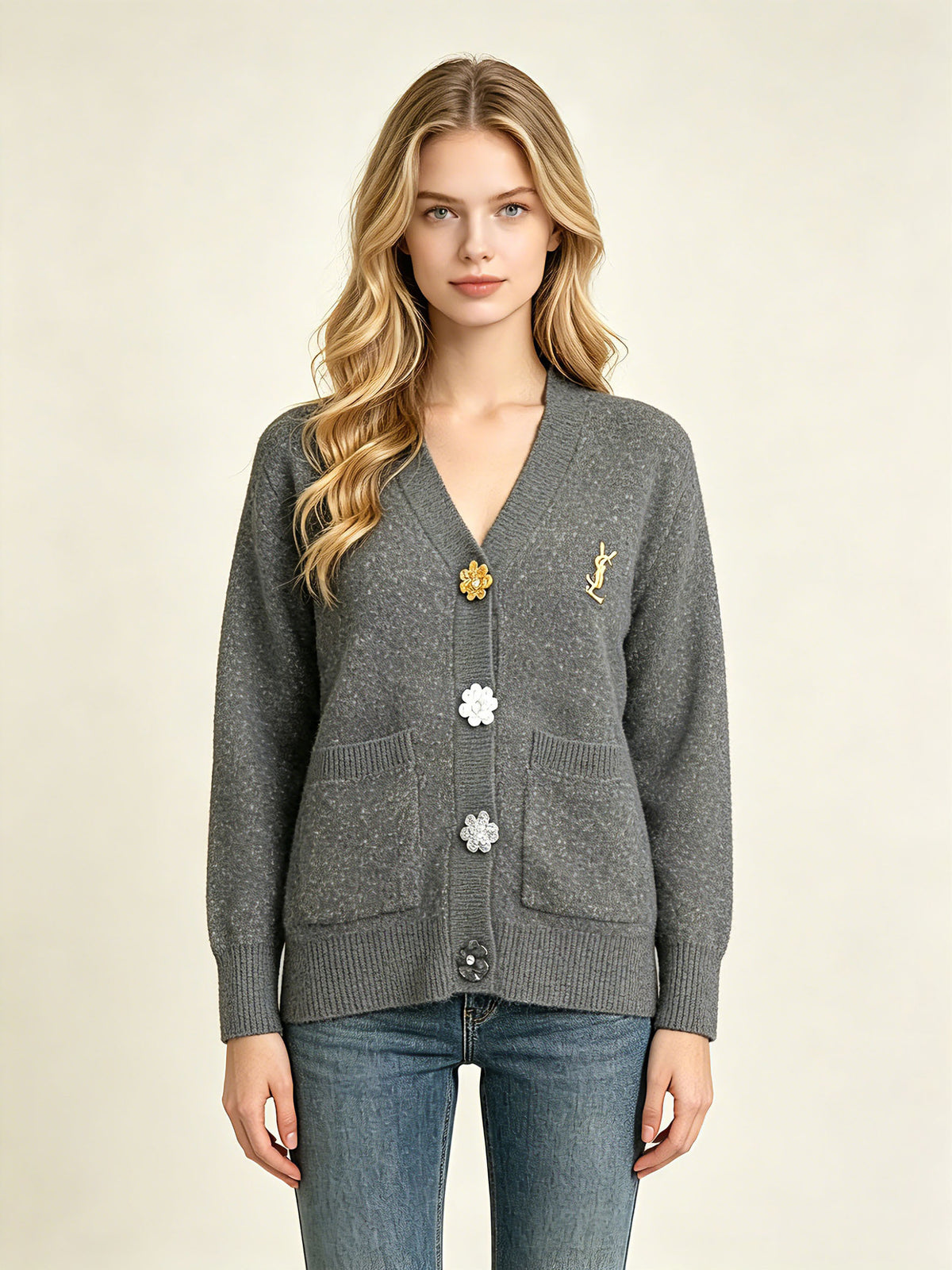 Women's long cardigan Y | Glitter knit and floral buttons
