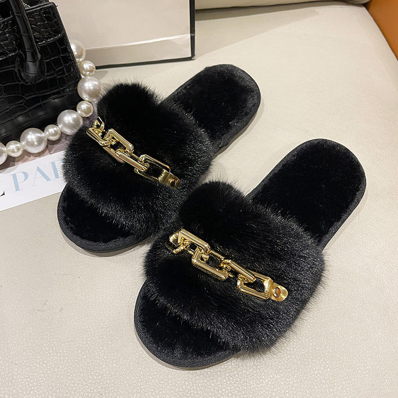 Zapatillas de piel nuevas para otoño e invierno transfronterizas, zapatillas de piel nuevas, moda femenina, cálida y gran cadena, zapatillas de tacón plano, tacón plano, comercio exterior