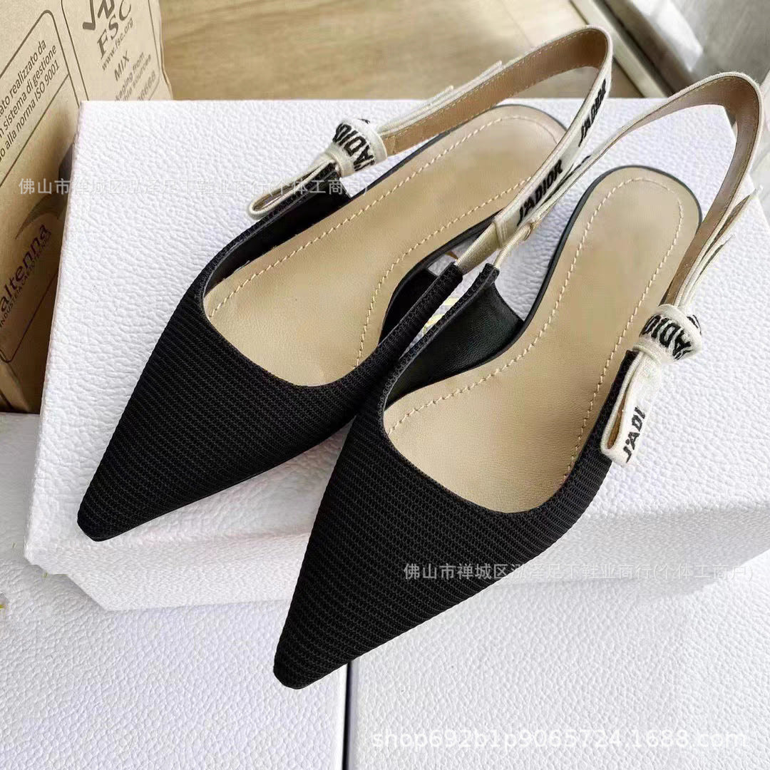 Primavera y otoño 2026 Nuevos tacones altos Zapatos familiares D Lazos de letras bordados Sandalias de cuero genuino Tacones de gato Tacones de aguja para mujer