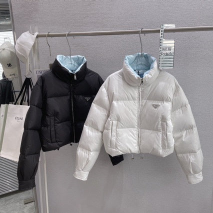 PD22ss giacca a vento con collo alto e logo a triangolo autunno/inverno, giubbotto imbottito in cotone caldo alla moda da donna