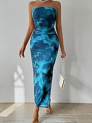 Vestido sin tirantes sin tirantes Shein de Amazon en comercio exterior exterior europeo y estadounidense 2025 con estampado sin mangas y abertura