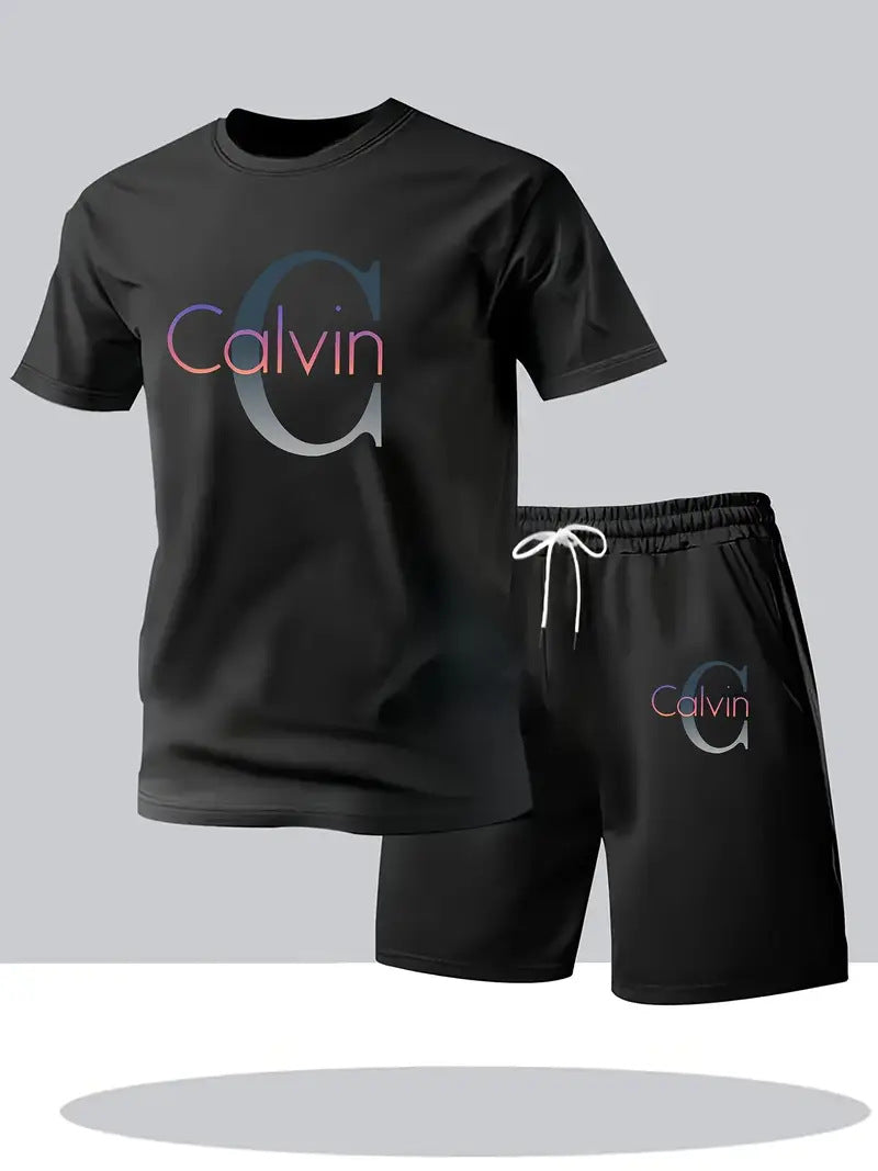 Camiseta de manga corta de moda para comercio exterior transfronterizo en verano, pantalones cortos deportivos informales, conjunto de camisetas de moda estampadas, conjunto de dos piezas en stock