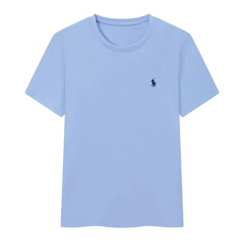 Comercio exterior transfronterizo, camiseta de verano bordada con cuello redondo, camisa base unisex de algodón de manga media, camiseta versátil de manga corta