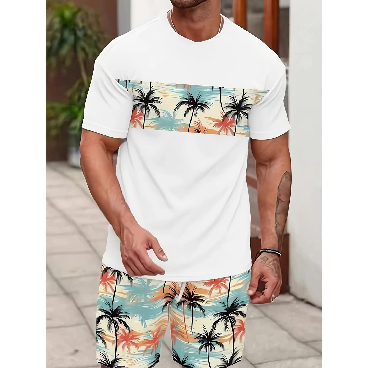 Conjunto casual de hip-hop casual de verano con impresión digital 3D de Amazon de Amazon lleva pantalones cortos de cuello redondo y manga corta sueltos
