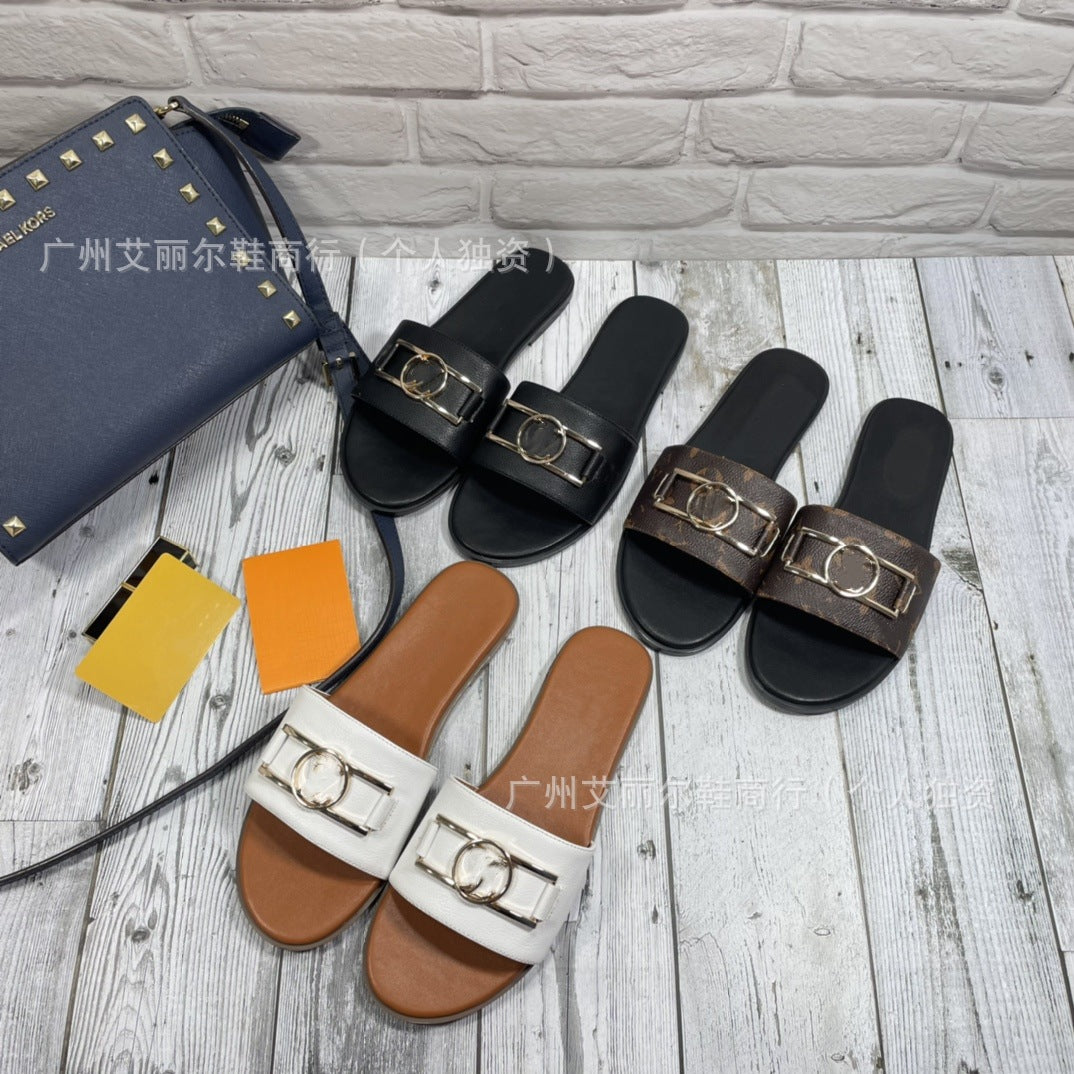 Exclusivo para el comercio exterior, zapatillas de marca L, monogramas de alta calidad, letras con hebilla de goma, zapatos de mujer, zapatillas planas al por mayor