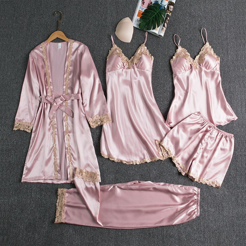 Nuevos pijamas transfronterizos para el comercio exterior con protectores en el pecho, camisetas de seda sexys, conjunto dorado de cinco piezas florales y ropa cómoda fina