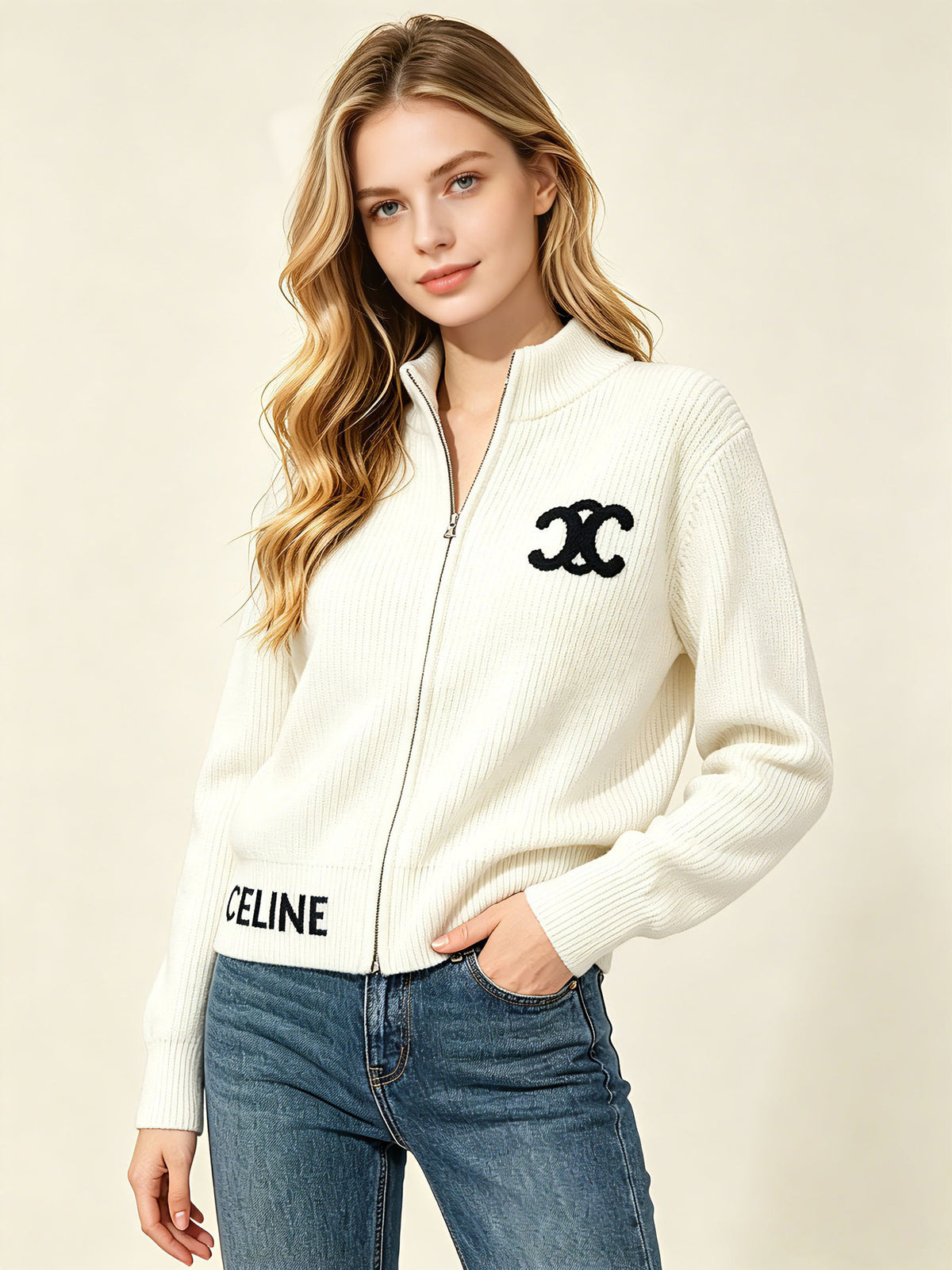 Women's embroidered cardigan CE | Zipper and high neck