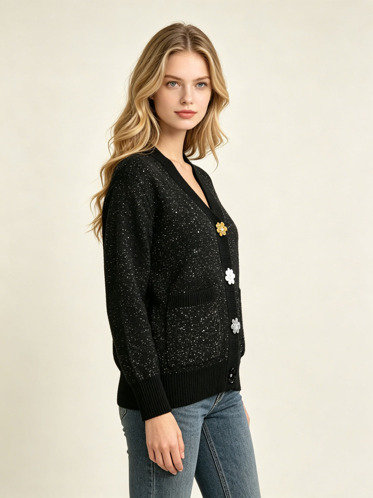 Women's long cardigan Y | Glitter knit and floral buttons
