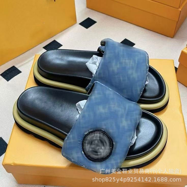 Zapatillas de Velcro de suela gruesa Donkey Home para mujer, 2025 Nuevas zapatillas antideslizantes de denim con letras antideslizantes para exportación