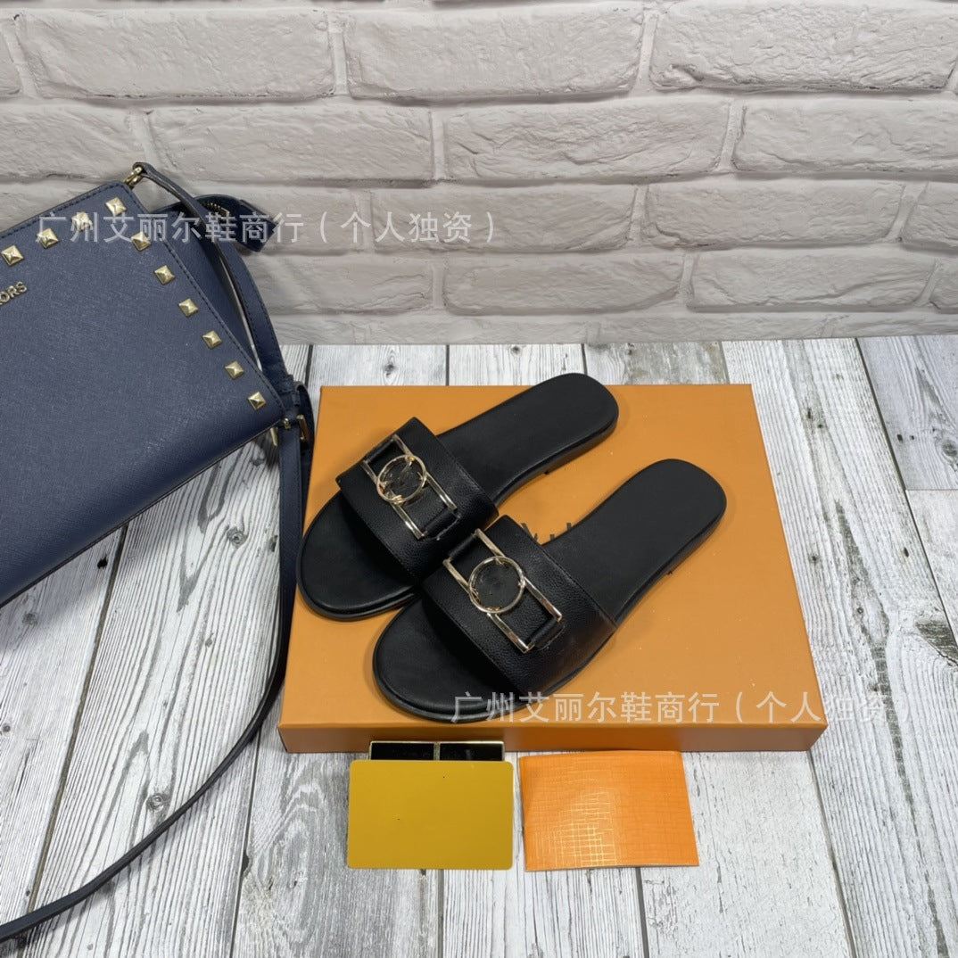 Exclusivo para el comercio exterior, zapatillas de marca L, monogramas de alta calidad, letras con hebilla de goma, zapatos de mujer, zapatillas planas al por mayor