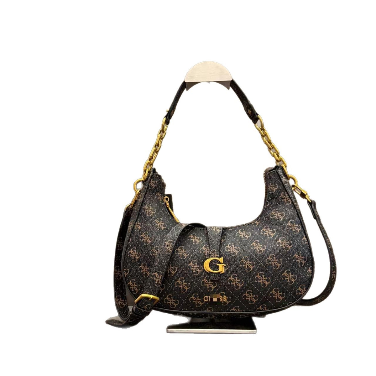 Borsa a mezzaluna da donna GU | Catena e stampa | Con scatola