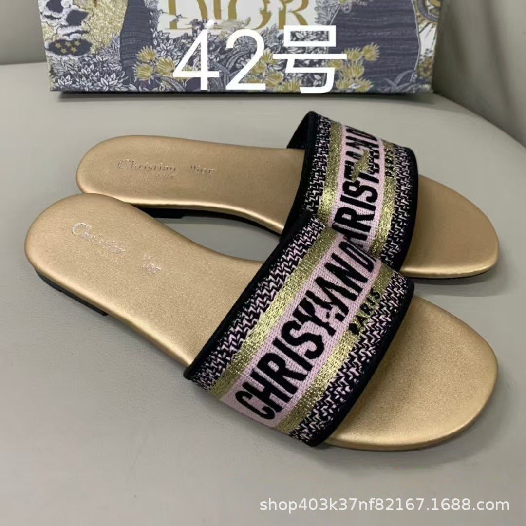 Zapatillas de alta calidad marca D, tallas 1-48, bordados jacquard, zapatillas planas clásicas casuales de playa para mujer