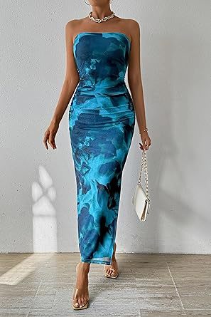 Vestido sin tirantes sin tirantes Shein de Amazon en comercio exterior exterior europeo y estadounidense 2025 con estampado sin mangas y abertura