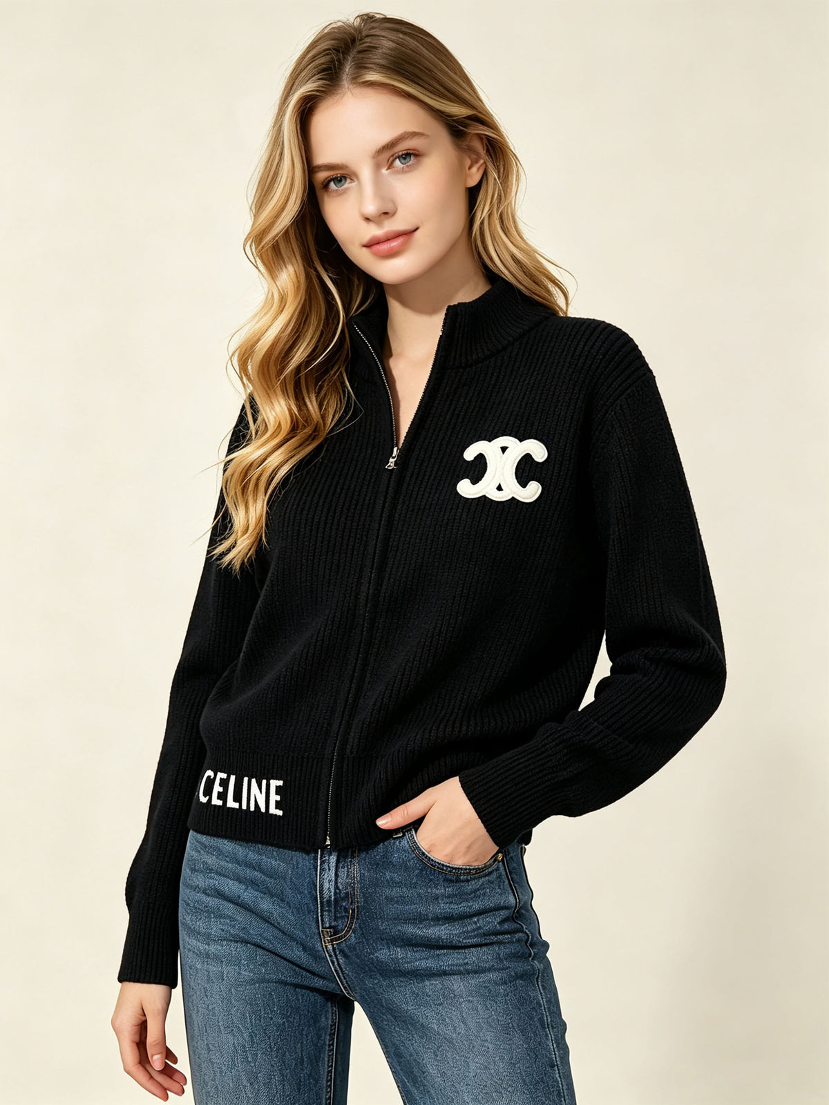 Women's embroidered cardigan CE | Zipper and high neck