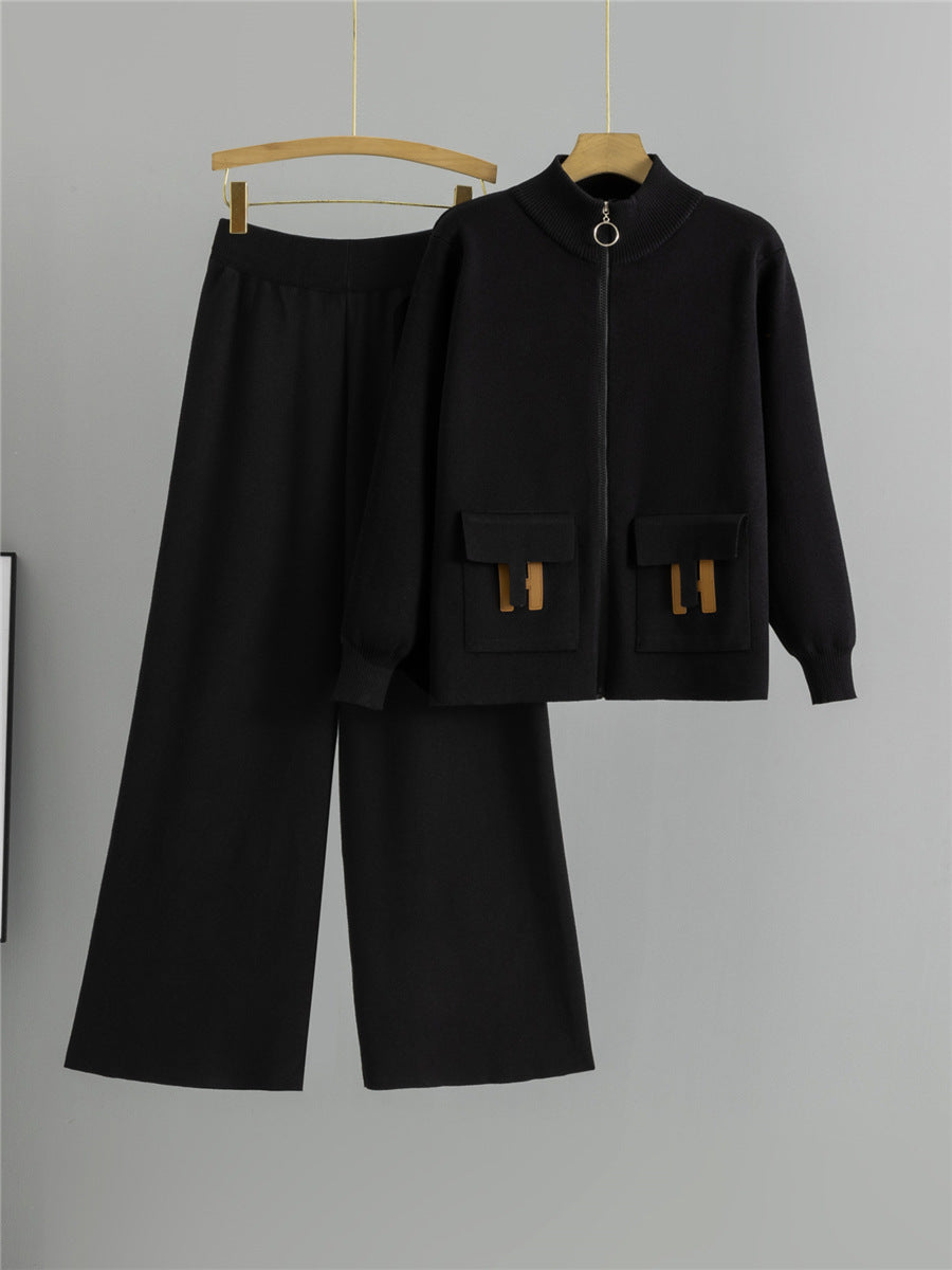 European style casual fashion set for cross-border e-commerce, new autumn/winter two-piece knitted pants set with zipper