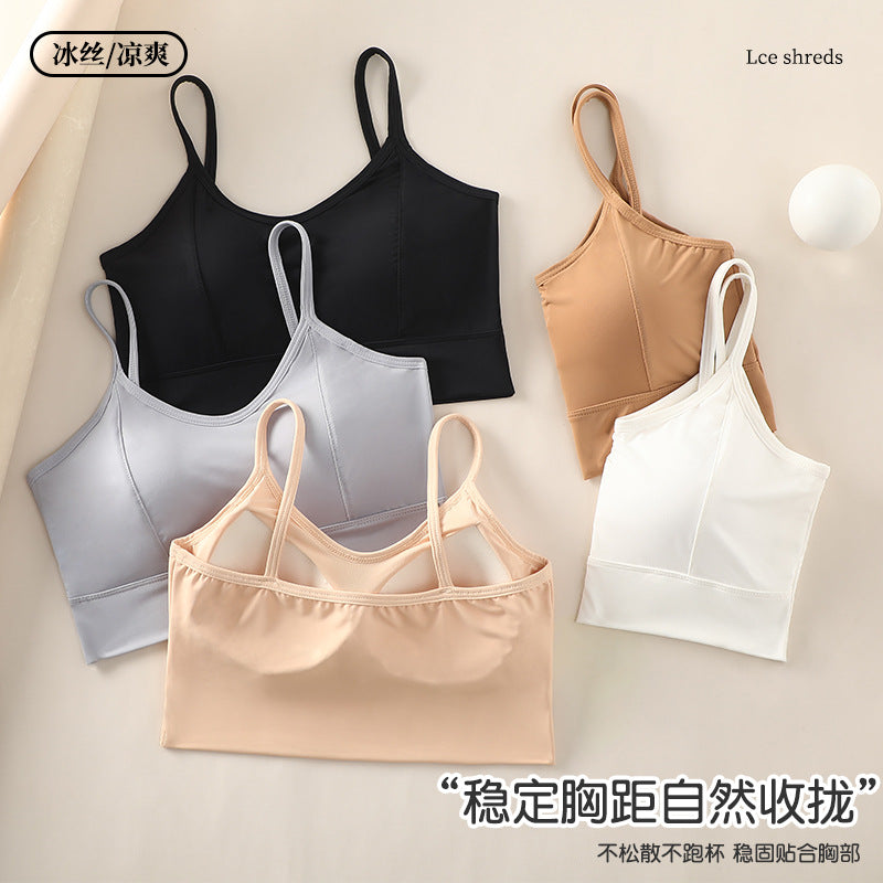 Sujetador de espalda de seda hielo precioso, pechos pequeños que muestran grandes almohadillas gruesas, sujetadores deportivos con tirantes sexys, envolventes de mujer, finos de verano