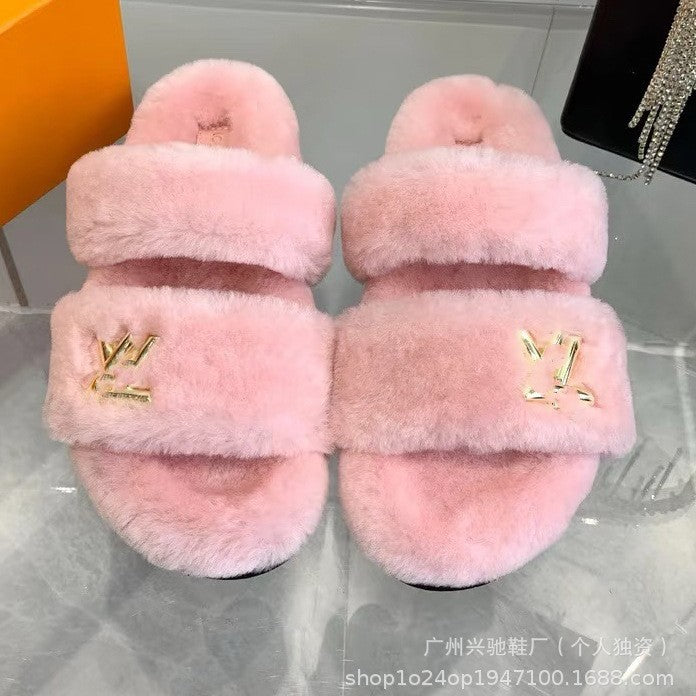 Las nuevas zapatillas peludas de L para otoño e invierno 2024, ropa de mujer, lana de cordero, chanclas de suela gruesa, antideslizantes y chanclas cálidas de suela plana
