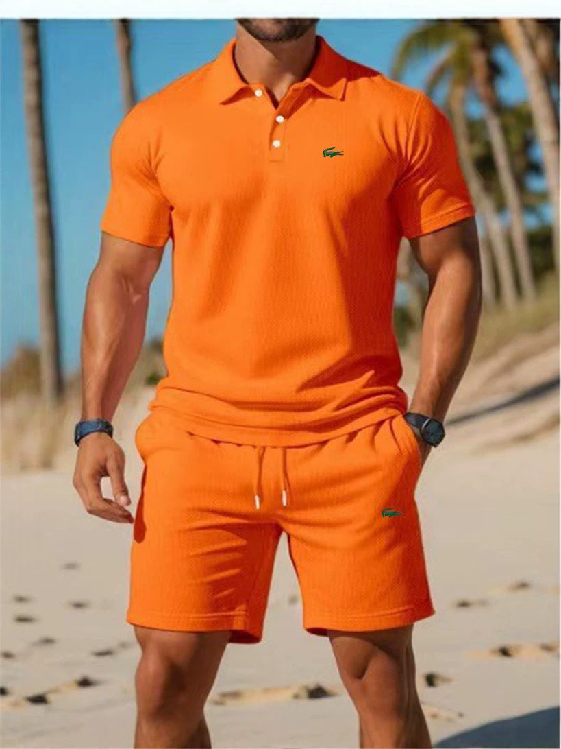 Polo negro de manga corta + pantalones cortos de verano 2026 Conjunto deportivo casual, sencillo, a la moda, de secado rápido, transpirable