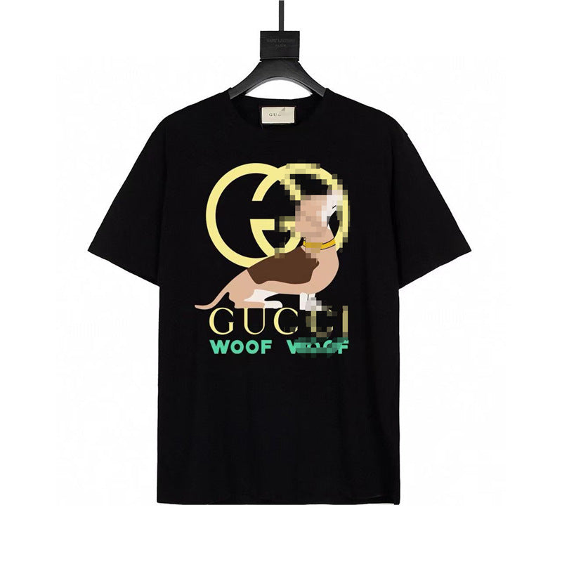 Letra de la familia G, camiseta con estampado de perro de pan, doble anillo, gran logo, manga corta, hombre y mujer de la misma pareja, estilo transfronterizo