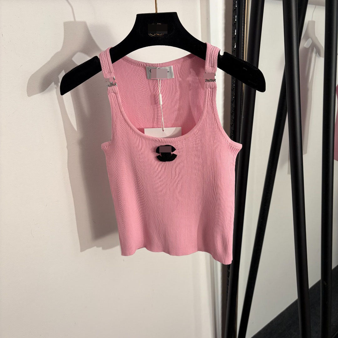 Nanyou camiseta de tirantes de punto de punto de punta de alta gama de Nanyou elegante y ajustada de estilo dulce de Xiaoxiang