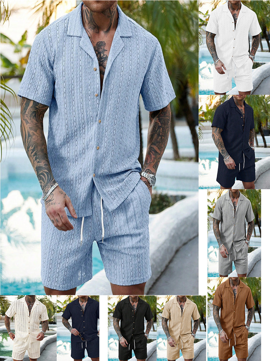 Nuevo cárdigan casual TK 2026 para hombre, camisa de verano de manga corta, pantalones cortos con cordón, ropa masculina de dos piezas