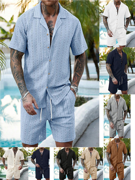 Nuevo cárdigan casual TK 2026 para hombre, camisa de verano de manga corta, pantalones cortos con cordón, ropa masculina de dos piezas