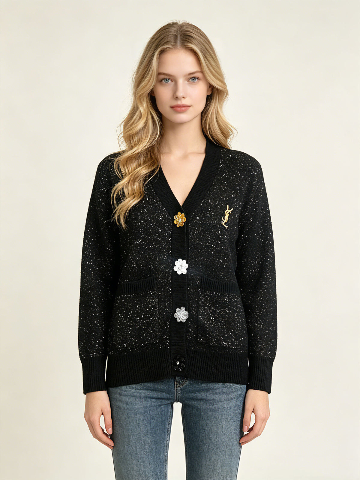 Women's long cardigan Y | Glitter knit and floral buttons
