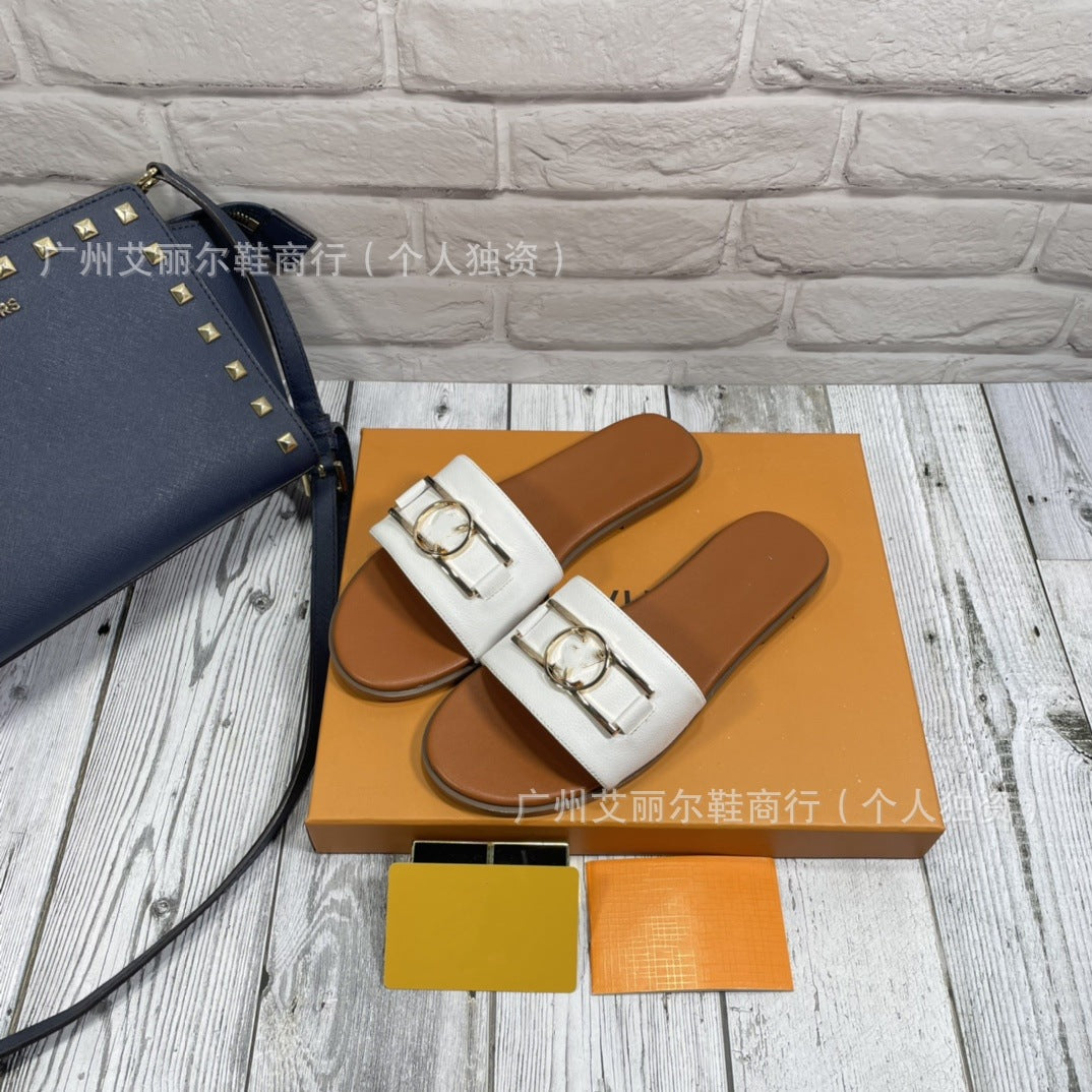Exclusivo para el comercio exterior, zapatillas de marca L, monogramas de alta calidad, letras con hebilla de goma, zapatos de mujer, zapatillas planas al por mayor