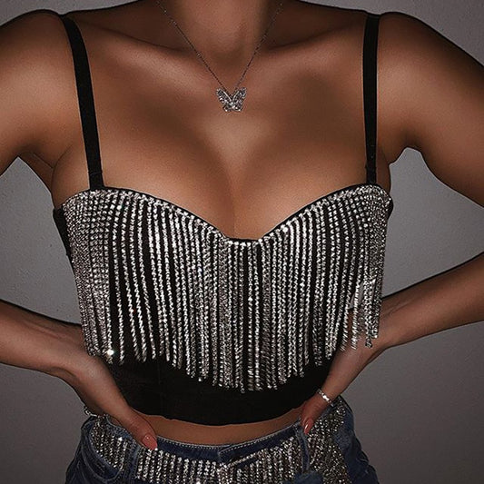 Top de ventas femenino europeo y estadounidense, camiseta corta sin tirantes y camiseta sin tirantes de Amazon de color sólido con flequillo y flequillo sin tirantes