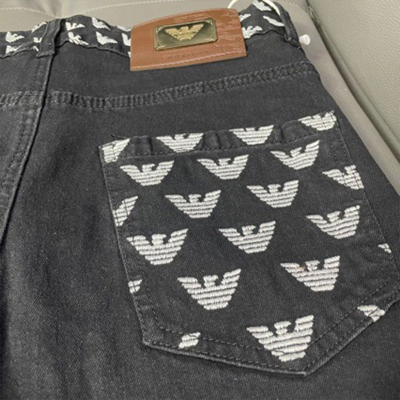 Men's Embroidered Slim Jeans | Black Straight Leg