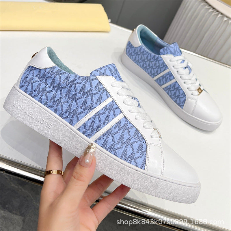 2024MK moda nuevas zapatillas blancas de mujer, piel de becerro, hebilla metálica con cordones, zapatillas de escalada, tendencia zapatillas de correr