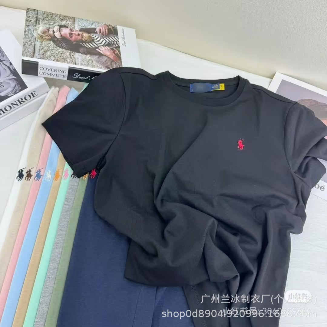 Comercio exterior Paul T-shirt LF Logo de pony bordado de cuello redondo para mujer de manga corta de algodón puro y media manga para hombres, sudadera base versátil tendencia