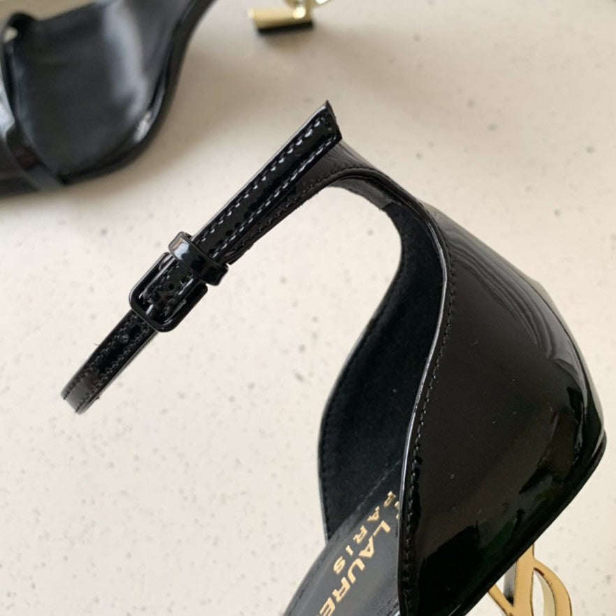 Sandalias SYL superventas transfronterizas para mujer, tacones metálicos Yang Shulin, tacones altos Saint Laurent de una sola tira de charol para mujer, talla grande