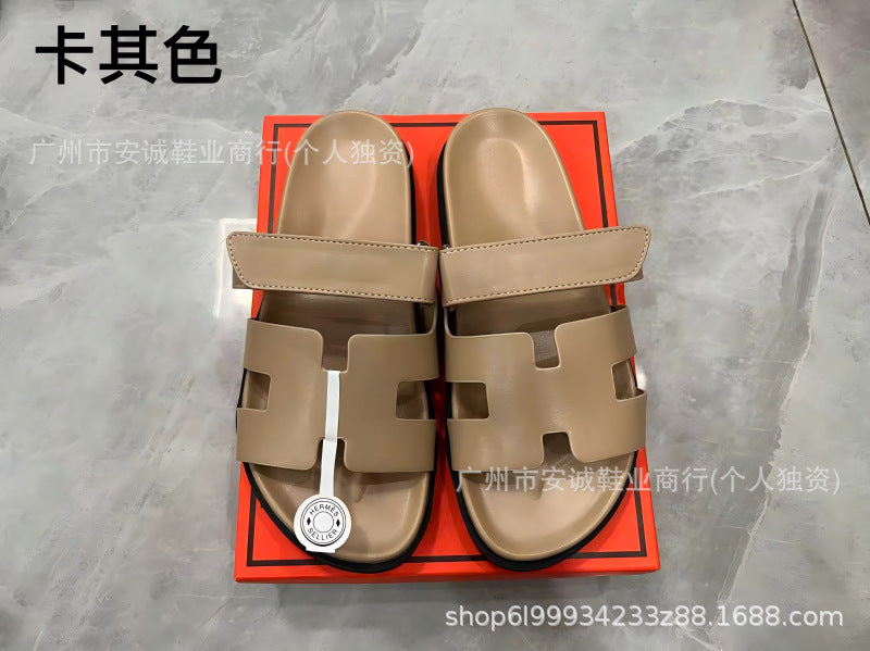 Sandalias Planas Velcro Mujer Suela Gruesa Cuero