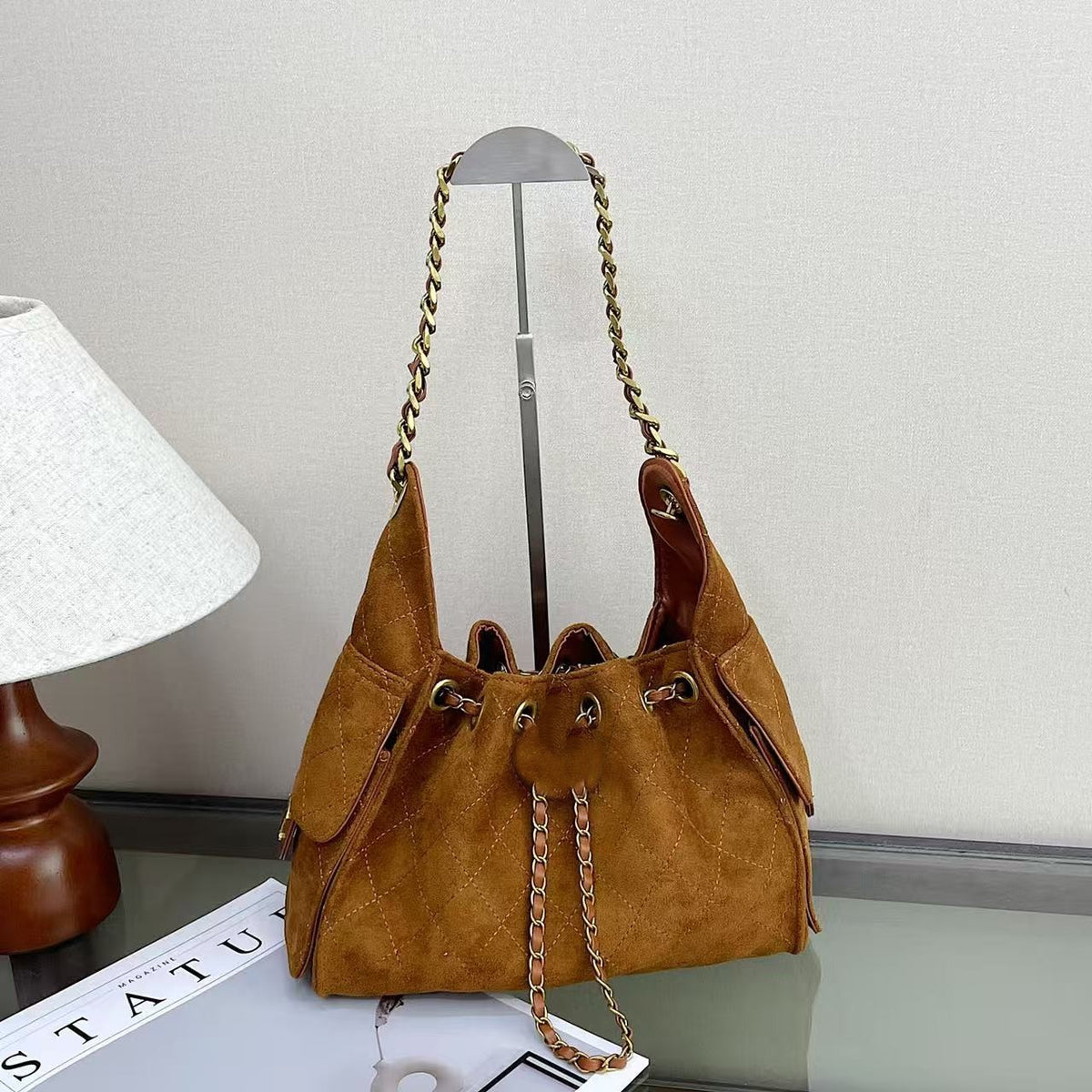 Borsa a secchiello con coulisse stile boho da donna | Senza scatola