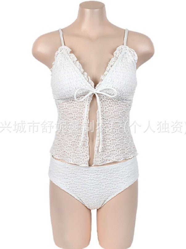 Pecho pequeño sexy estilo INS coreano transfronterizo con bordes con volantes, cordón plisado, bañador de tiro bajo con split de puro deseo para mujeres