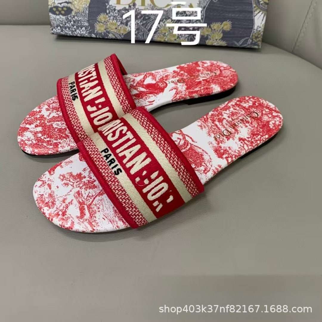 Zapatillas de alta calidad marca D, tallas 1-48, bordados jacquard, zapatillas planas clásicas casuales de playa para mujer