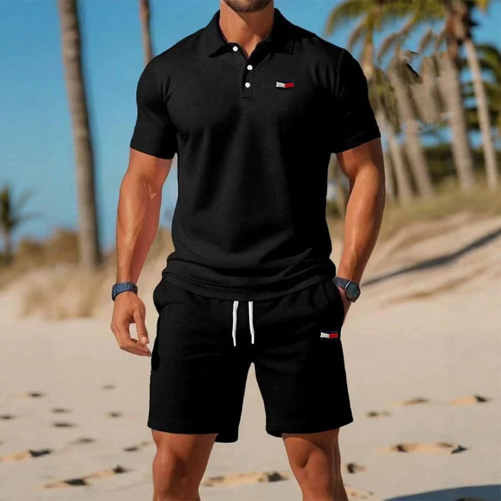 Conjunto casual fino de hombre con estampado Tommy de verano transfronterizo, camiseta corta de manga corta, conjunto de moda informal para hombre