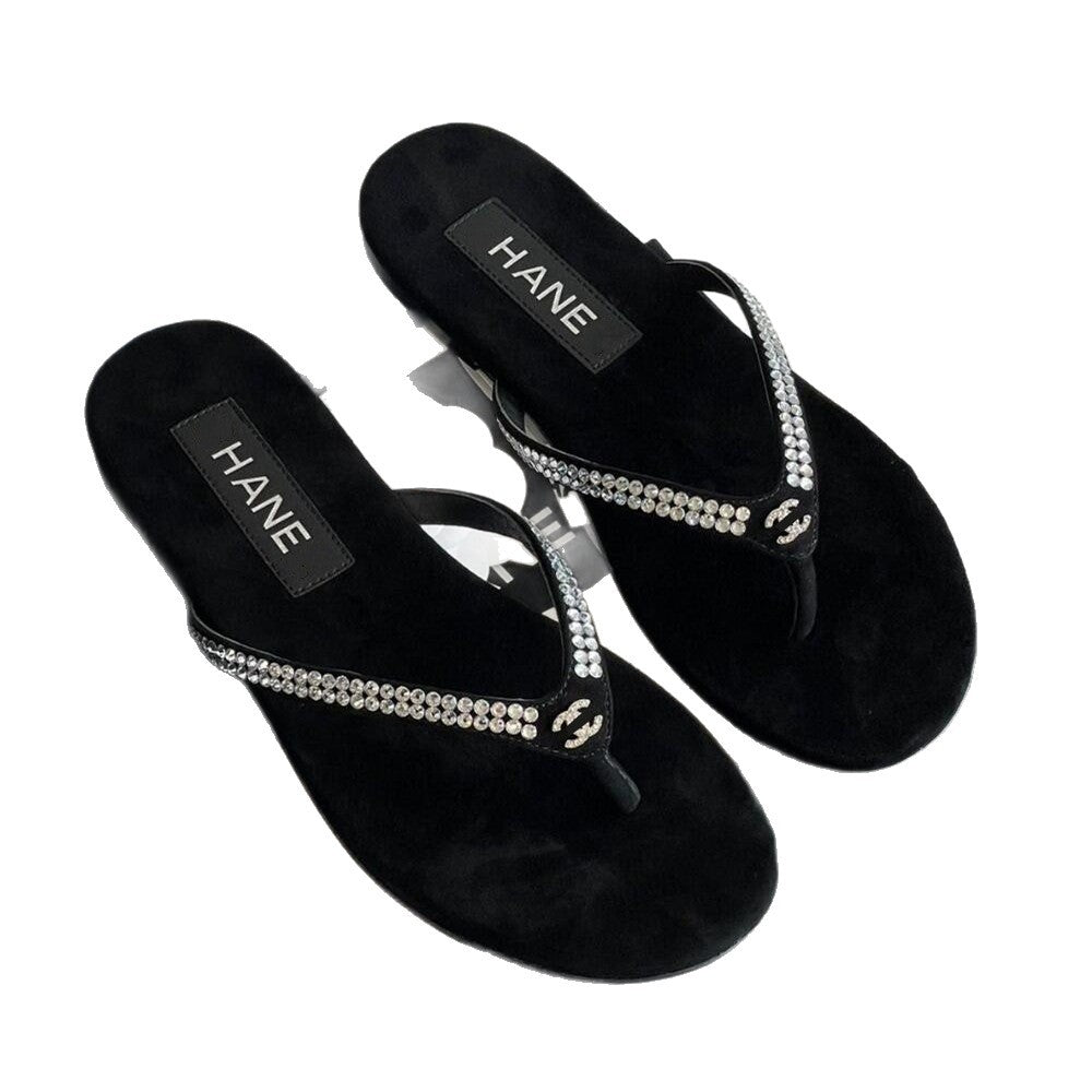 En stock, nuevas chanclas planas de terciopelo de pedrería de Chanchan Grandma 2026, sandalias versátiles de perla de moda