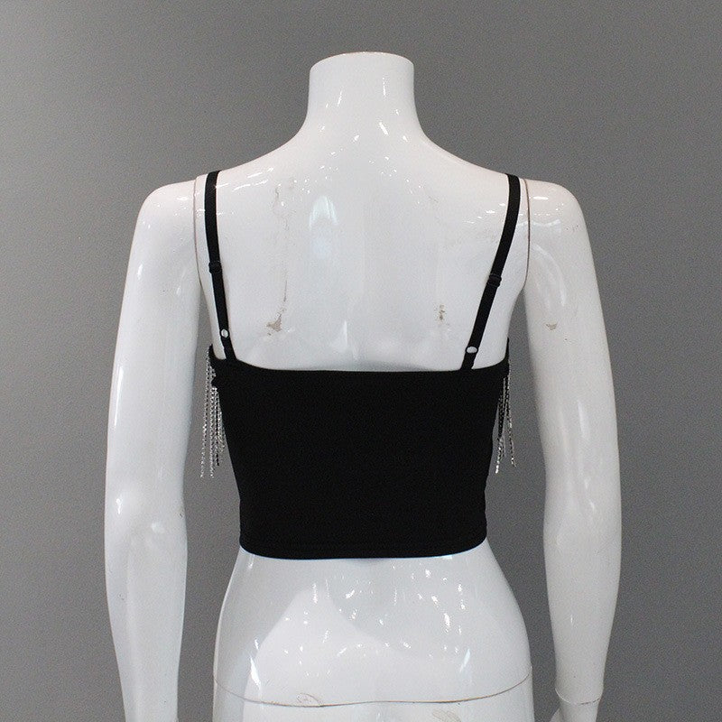 Top de ventas femenino europeo y estadounidense, camiseta corta sin tirantes y camiseta sin tirantes de Amazon de color sólido con flequillo y flequillo sin tirantes