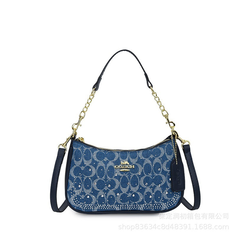 Bolso monograma Koujia con pedrería con media luna y media, nuevo bolso de cadena versátil transfronterizo, bolso bandolero cruzado de un solo hombro